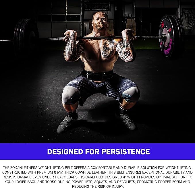 Zokani Thick Leather Weight Lifting Belt - 6MM 4-Inch Wide, 100% Leather 24" - 32", suede