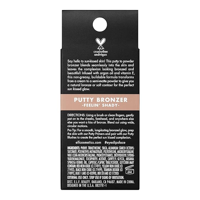 e.l.f. Putty Bronzer, Creamy & Highly Pigmented Formula, Creates a Long-Lasting Bronzed Glow, Infused with Argan Oil & Vitamin E, Feelin’ Shady, 0.35 Oz (10g)