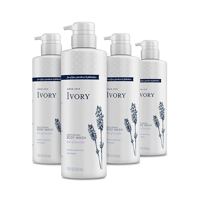 Ivory Sensitive Skin Moisturizing Body Wash, Hint of Lavender, 17.9 Fl Oz (Pack of 4)