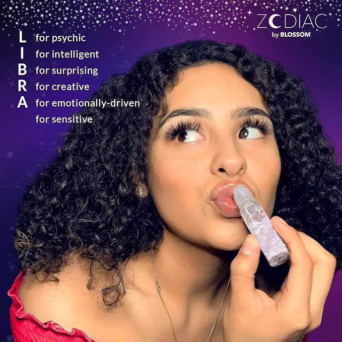 Blossom Zodiac Sign Vanilla Scented Moisturizng Roll On Lip Gloss with Crystals + pH Technology Color Charnging Shimmering Lip Balm, 2 Pack Bundle, Libra/Crystal