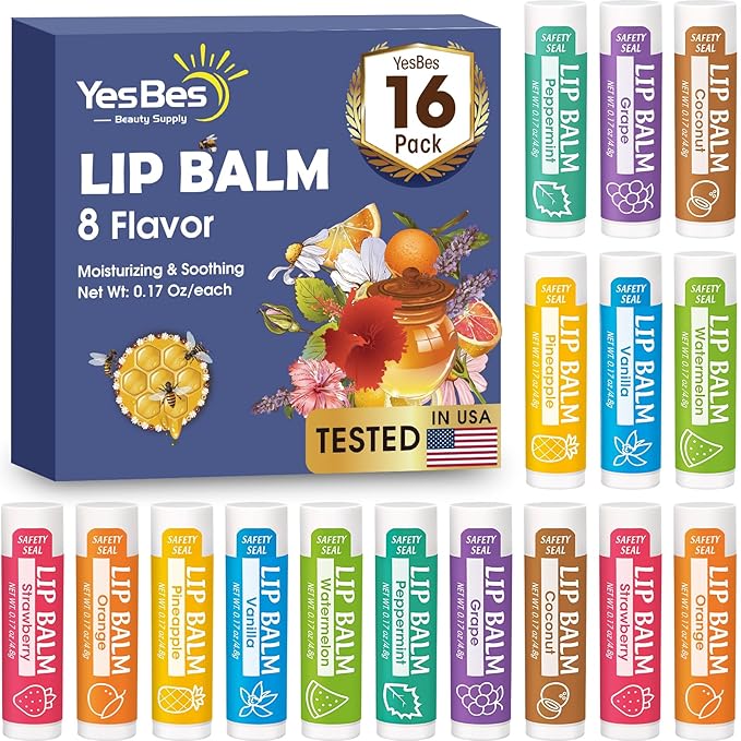 16 Pack Lip Balm, Natural Lip Flavors