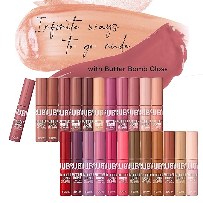 Ruby Kisses Lip Gloss Butter Bomb Gloss Non-Sticky Lip Gloss Vitamin E Natural Nude Lip Makeup - 7.8mL (0.26 US fl.oz) (Flirty)