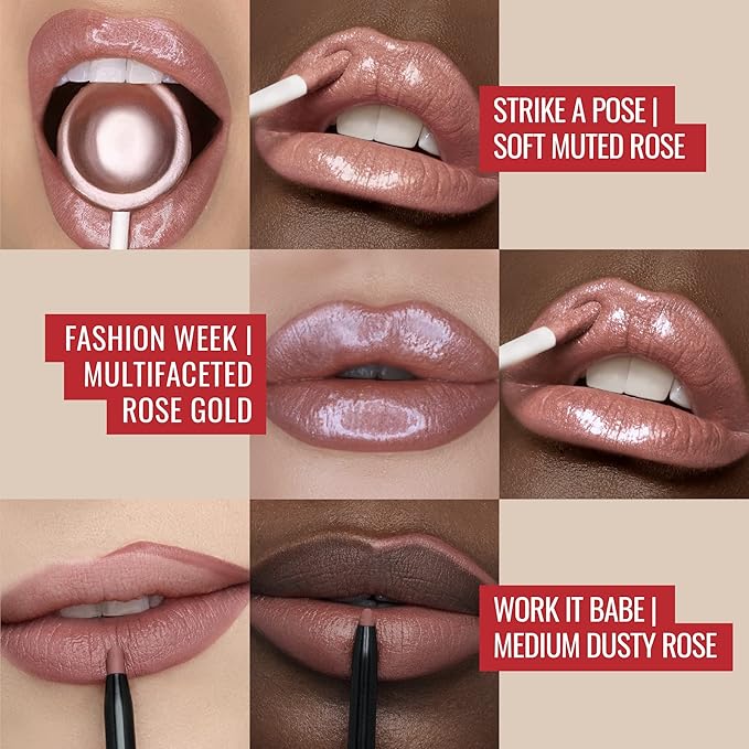 Runway Rogue LuxGloss Kit with 2 Moisturizing Shimmer Lip Gloss Tubes (‘Strike a Pose’ and ‘Fashion Week’) and 1 Matte Lip Liner Pencil (‘Work It Babe’)