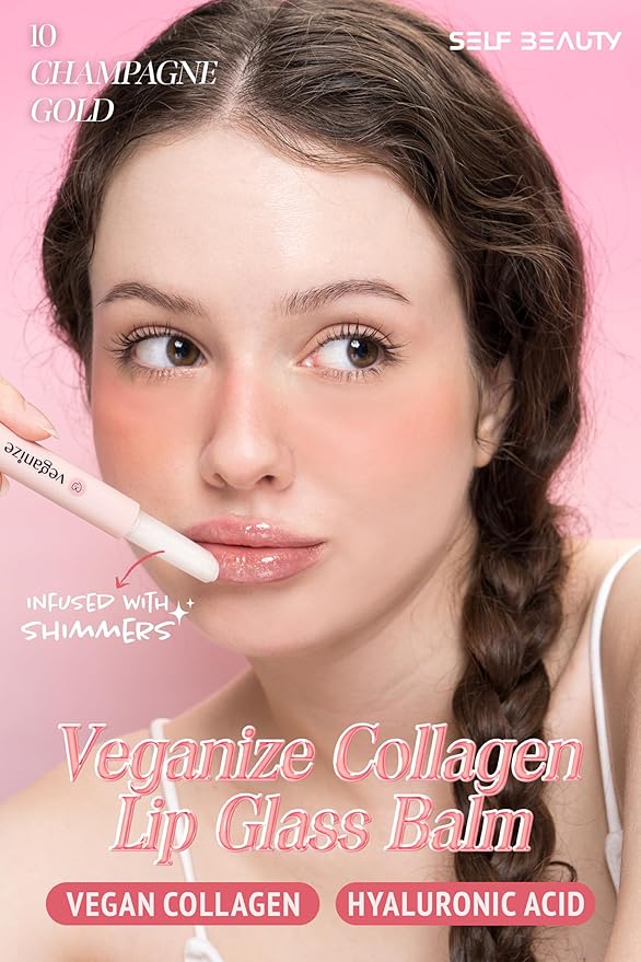 self beauty Veganize Collagen Lip Glass Balm - Hydrating Lip w/Hyaluronic Acid - Vegan Korean Lip Balm Moisturizing Lip Care – Lip Gloss Repair for Dry Cracked Lips 0.06 oz (#10 Champagne Gold)