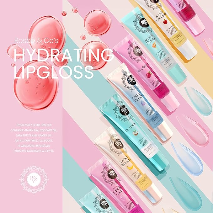 ROSÉE & CO Rosee Lip Gloss Vegan & Cruelty Free Treatment, Professional Make up, Long Lasting Glossy with Shea Butter, Moisturize, Protect & Smooth, High Shine, Non-Sticky - Set of 4-6