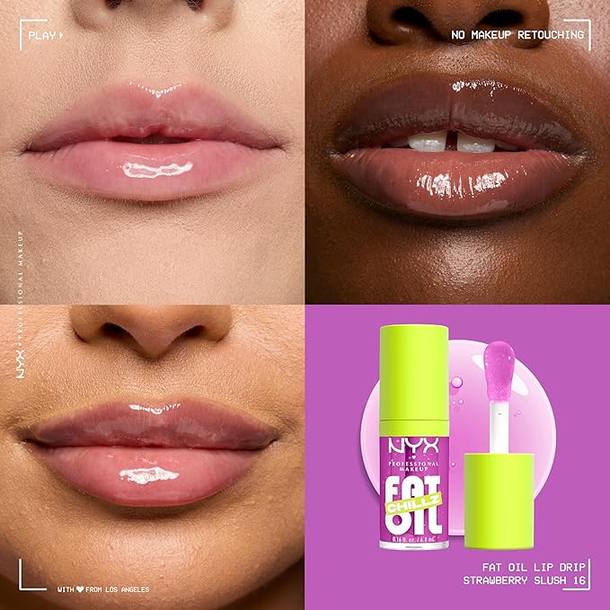 NYX PROFESSIONAL MAKEUP Fat Oil Chillz, Moisturizing, Shiny and Vegan Tinted Lip Gloss - Strawberry Slush (Sheer Pinkish Purple)