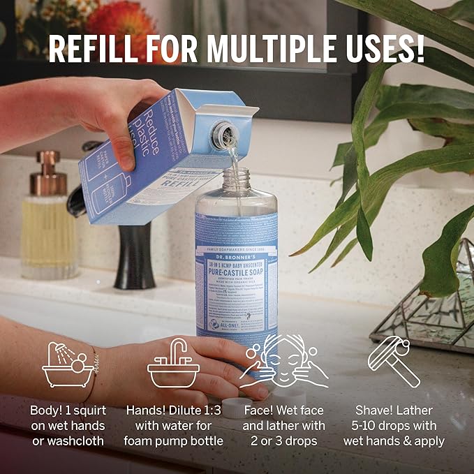 Dr. Bronner’s Pure-Castile Liquid Soap Bottle & Refill Carton - Made with Regenerative Organic Certified Oils, 82% Less Plastic-18-in-1 Uses for Face, Body Wash, Hand Soap Refill- Baby Unscented,32 oz