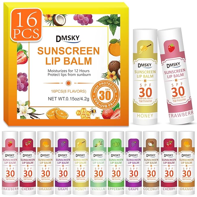DMSKY SPF Lip Balm Bulk 16 Pack, Sunscreen Lip Balm with SPF 30, Broad Spectrum UVA/UVB Protection, Sunscreen for Lips Travel Size