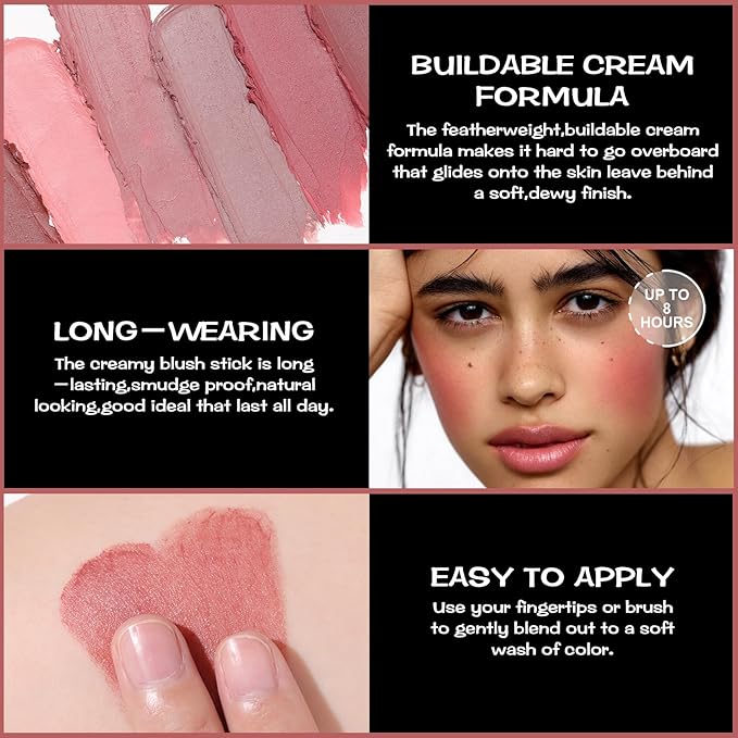 FOCALLURE Cream Blush Makeup,Buildable Blush Stick for Cheeks,Matte and Dewy Finish,Long Wearing,Easy Application,Lightweight Multi Stick,DARK ROSE
