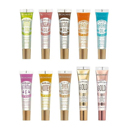 Ruby Kisses Broadway Vita-Lip Clear Lip Gloss (10 Pack), Ultra-Hydrating & Soothing Formula with Vitamins, High-Shine Non-Sticky Finish Lip Balm with Mint, Rosehip, Coconut, Mango, Argan, Honey, Shea