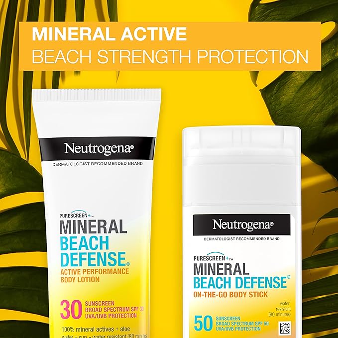 Neutrogena Purescreen+ Mineral Beach Defense On-The-Go Body Sunscreen Stick with Broad Spectrum SPF 50, Water Resistant UVA/UVB Protection, Absorbs Quickly & Dries Clear, 1.5 oz