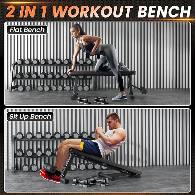 2 In 1 Adjustable Flat Weight Bench - 45.3'' Extended Gym,750LBS Sit 18'' Widened