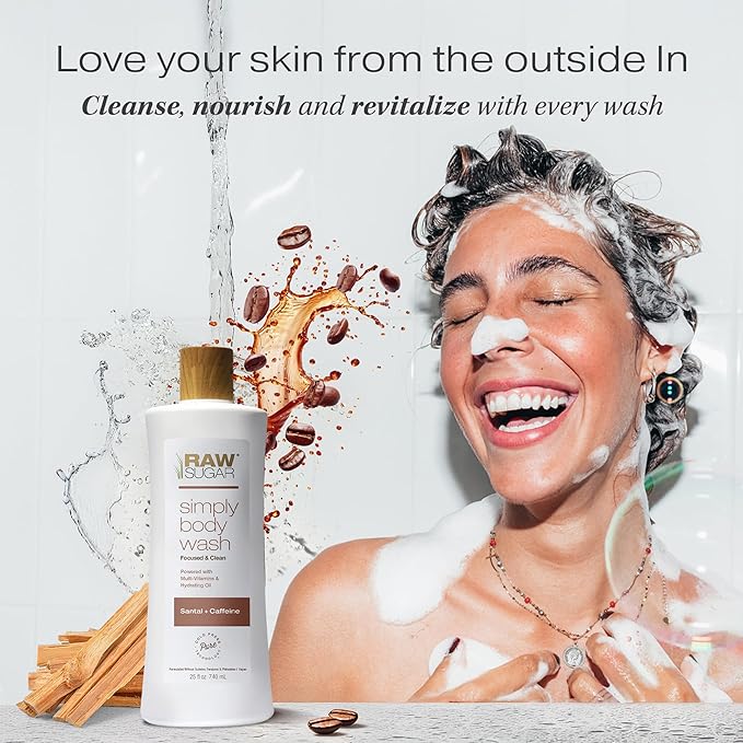 RAW SUGAR Simply Body Wash - Santal + Caffeine (25 Fl Oz, Pack of 1) Moisturizing & Soothing Bath & Shower Gel, Formulated without Sulfates & Parabens, Vegan