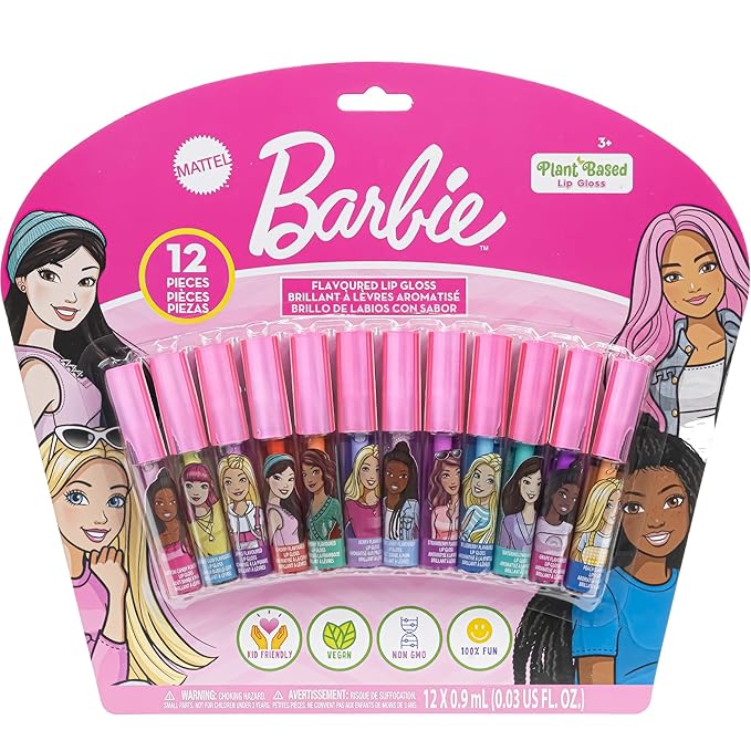 Barbie 12 Piece Plant Based Lip Gloss, Girls Party Favors, First Makeup Set for Girl, Perfect for Parties, Sleepovers, and Birthday Gifts, Ages 3+, by Townley Girl