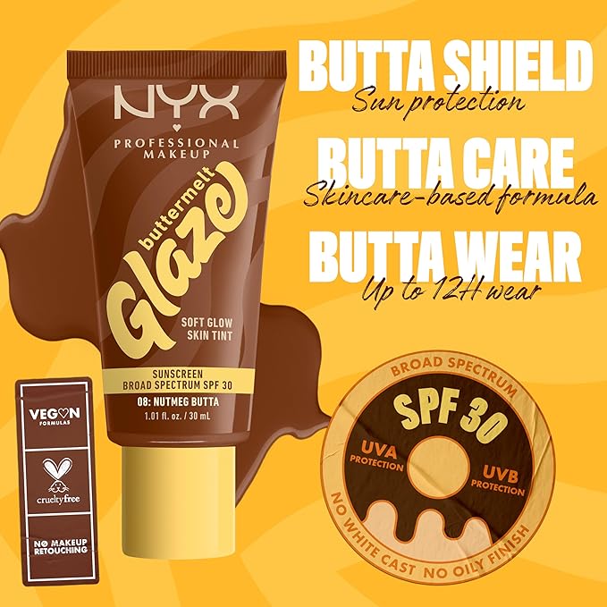 NYX PROFESSIONAL MAKEUP Buttermelt Glaze Soft Glow Skin Tint + SPF 30, Up To 12HR Wear, 08 Nutmeg Butta