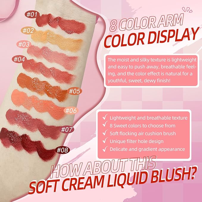 Liquid Blush for Cheeks, Soft Cream Blush with CHEERY-Peachy Pink