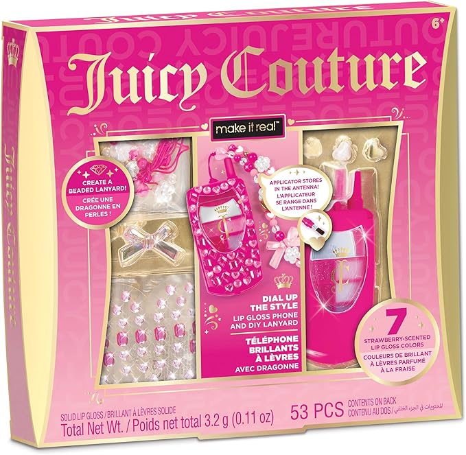Make It Real Juicy Couture Lip Gloss Dial Up The Style Phone & DIY Lanyard - 7 Strawberry-Scented Lip Gloss Colors, Create Beaded Lanyard & Decorate with Gems for Girls Ages 6+