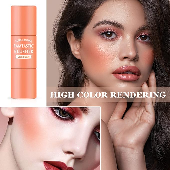 Cream Blush Stick with Brush,Waterproof Multi Cream Blush Coral Orange)