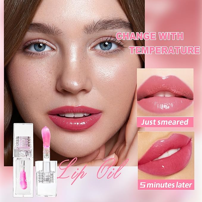 Erinde Magic Color Changing Moisturizing Lip Glow Oil, Plumping Glimmer Changing Lip Oil, Long Lasting Nourishing Lip Glow Oil, Non-sticky Fresh Texture Big Brush Lip Gloss Lip Balm, Transparent