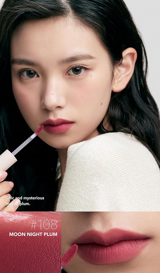 Mellow Velvet Lip Tint | Non-Sticky Lightweight Korean Lip Stain, High Pigmented Long Lasting Moisturizing Soft Matte Liquid Lipstick, Natural Vivid Color, Moon Night Plum