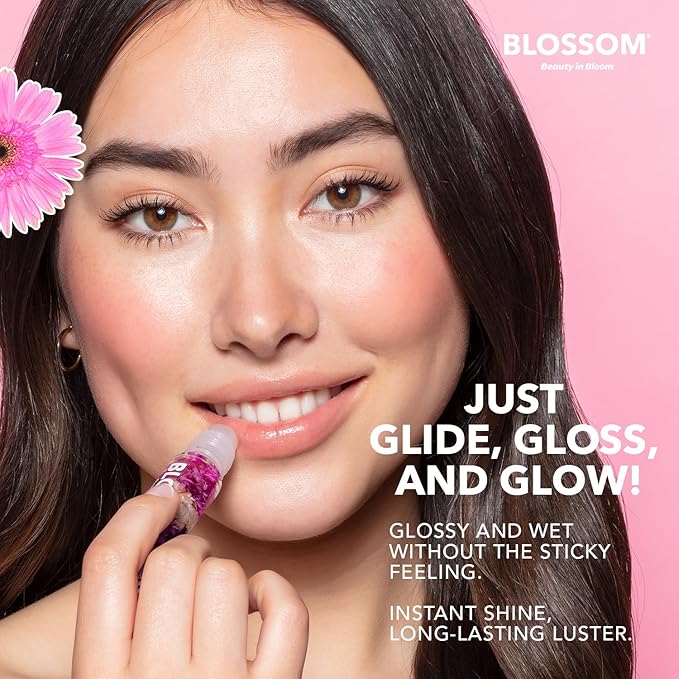 Blossom Roll on Lip Gloss, Scented Clear High Shine Moisturizing Lip Oil, Non Sticky, Infused with Real Flowers, Made in USA, 0.2oz, Pineapple