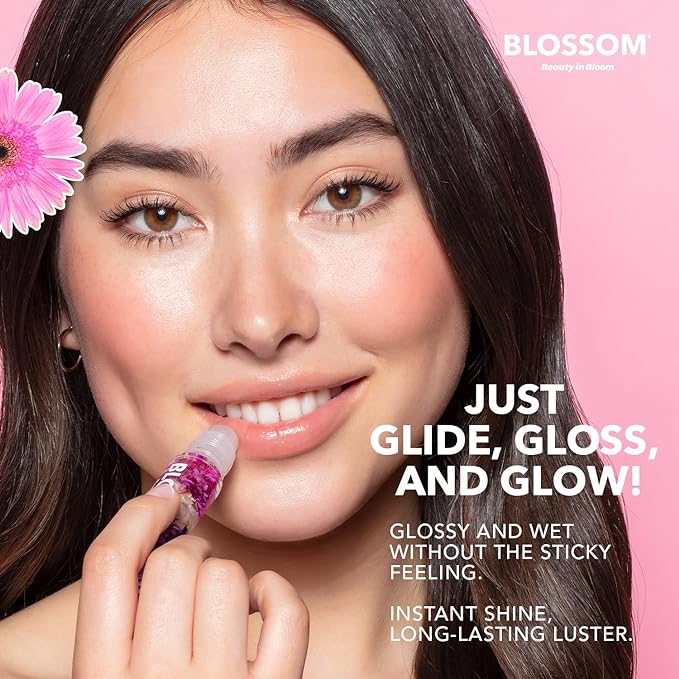 Blossom Roll on Lip Gloss, Scented Clear High Shine Moisturizing Lip Oil, Non Sticky, Infused with Real Flowers, Made in USA, 0.2oz, Raspberry