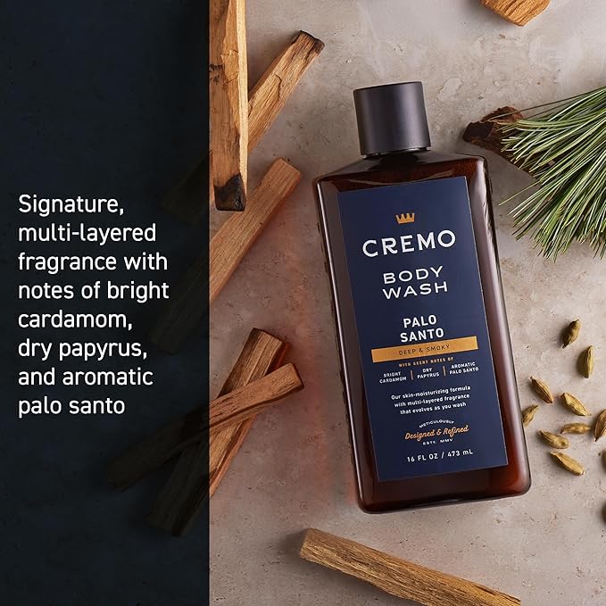 Cremo Body Wash Men, Notes of Bright Cardamom, Dry Papyrus and Aromatic Palo Santo, 16 Fl Oz