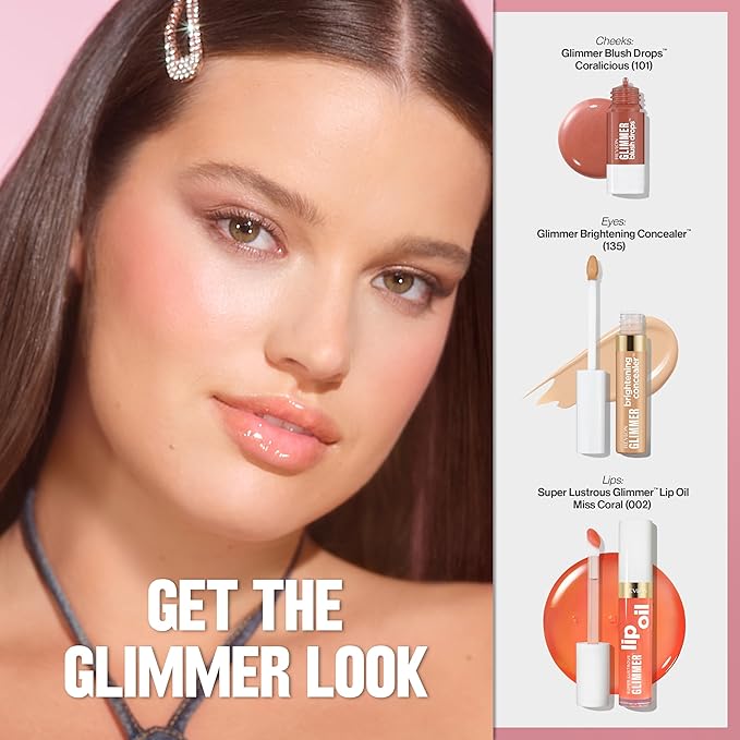 REVLON Super Lustrous Glimmer Lip Oil, Moisturizing & Tinted, Shiny Finish, Made with Plant-Based Squalane, 002 Miss Coral, 0.13 fl oz