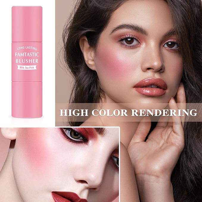 Waterproof Multi Cream Blush Stick with brush,Lightweight,Long-lasting,Easy To Tea Pink)