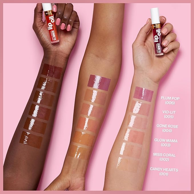 REVLON Super Lustrous Glimmer Lip Oil, Moisturizing & Tinted, Shiny Finish, Made with Plant-Based Squalane, 001 Candy Hearts, 0.13 fl oz