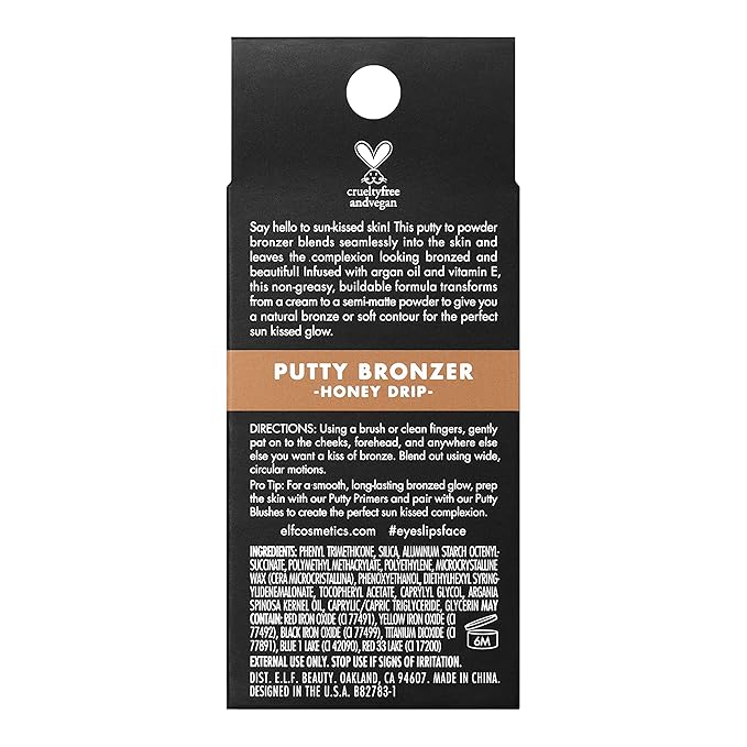 e.l.f. Putty Bronzer, Creamy & Highly Pigmented Formula, Creates a Long-Lasting Bronzed Glow, Infused with Argan Oil & Vitamin E, Honey Drip, 0.35 Oz (10g)