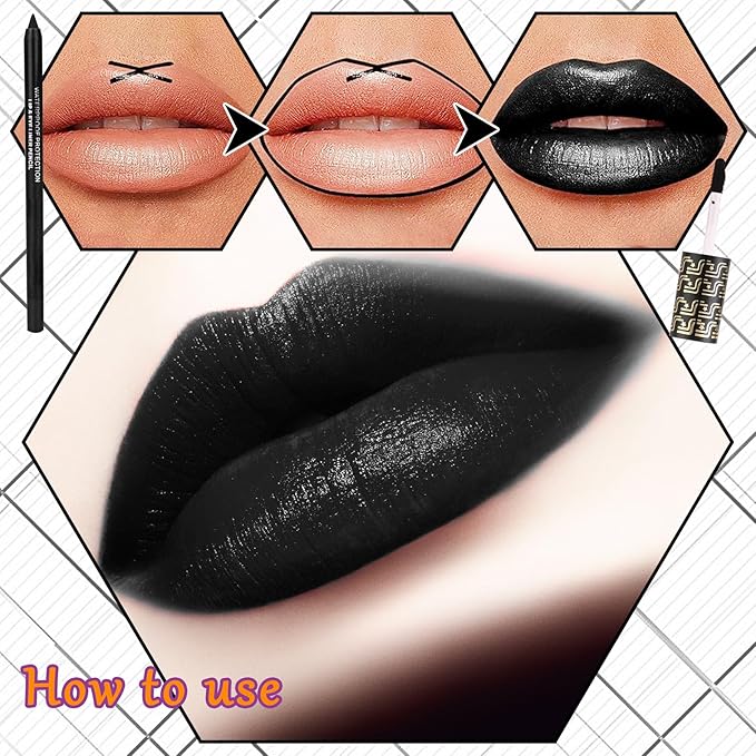 Black Velvet Matte Liquid Lipstick and Lip Liner Set - Smudge-proof, Long-lasting, Waterproof Black Lip Gloss Stain and Liner Pencil for Goth Halloween Cosplay Makeup