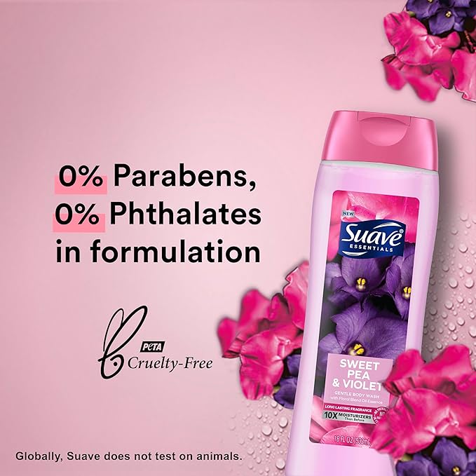 Suave Moisturizing Body Wash, with Sweet Pea Violet and Vitamin E Extract, No Parabens, No Phtahaltes, 18 Fl Oz (Pack of 6)