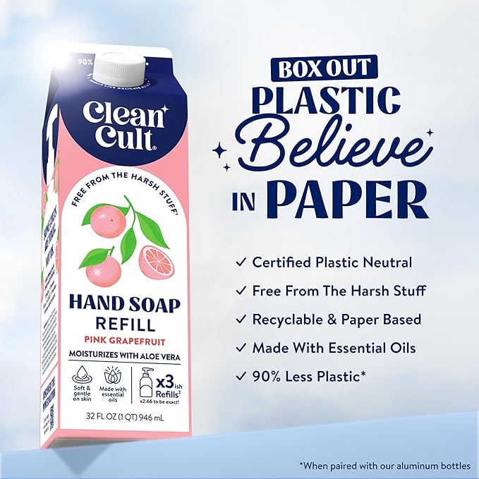 Cleancult Liquid Hand Soap Refill - Pink Grapefruit- Moisturizes Dry & Sensitive Skin - Made with Aloe Vera & Essential Oils - Eco Friendly - Paper-Based Packaging - 32 oz/1 Pack