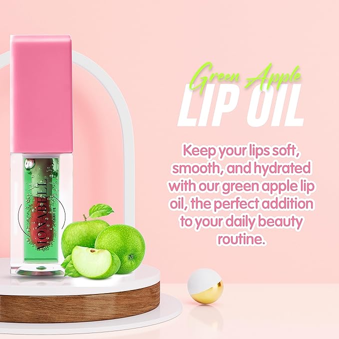 Hydrating Lip Glow Oil - Plumping Lip Oil Gloss Tinted for Lip Care and Dry Lips, Non Sticky & Fresh Texture, Shiny and Moisturizing (Green Apple)