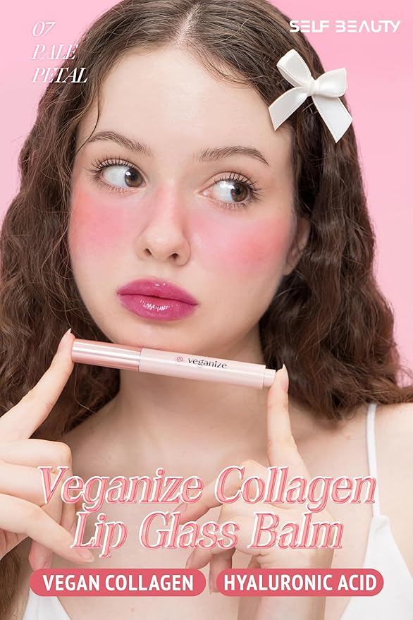 SELF BEAUTY Veganize Collagen Lip Glass Balm | Hydrating Lip Balm in 9 Vibrant Colors | Moisturizing Lip Care Infused with Collagen Jelly Magic | No Animal Trial Lip Balm 0.06 oz (#7 Pale Petal)