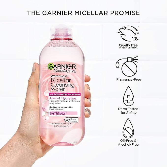 Garnier Micellar Water with Rose Water and Glycerin, Hydrating Facial Cleanser & Makeup Remover, For All Skin Types, Vegan, Cruelty Free, 13.5 Fl Oz (400mL), 2 Count
