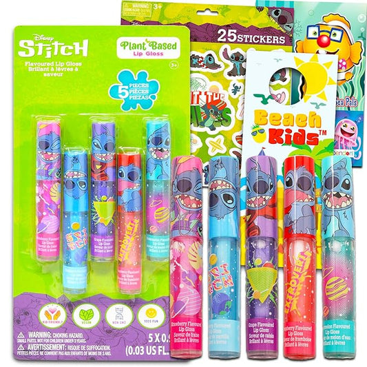 Stitch Lip Gloss Bundle for Girls – 5 Pack of Stitch Glosses for Lips in Assorted Flavors Plus Stickers, More | Stitch Party Favors for Kids