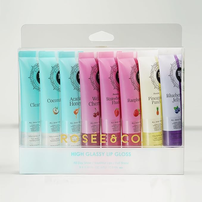 ROSÉE & CO Rosee Lip Gloss Vegan & Cruelty Free Treatment, Professional Make up, Long Lasting Glossy with Shea Butter, Moisturize, Protect & Smooth, High Shine, Non-Sticky - Set of 8-1