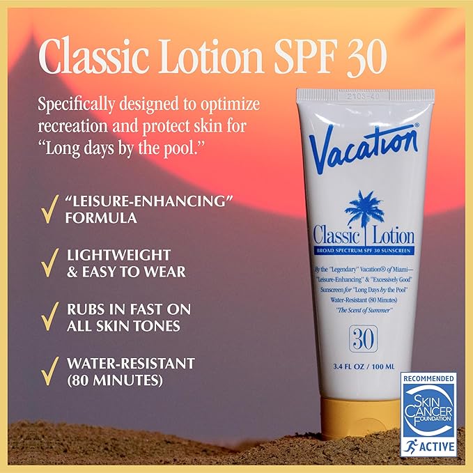 Vacation Classic Sunscreen Lotion SPF 30 3-Pack, Water Resistant Broad Spectrum Sunscreen Sun Block, Vegan Sun Tanning Lotion, Body Lotion with SPF, Travel Size Sunscreen, 3.4 fl. Oz. (Pack of 3)