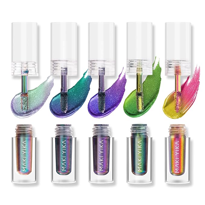 MAKI YIKA 5Pc Glitter Eyeshadow Liquid Multichrome Eyeshadows Long Lasting, Metallic Chameleon Eye Shadow Smudgeproof Holographic Eye Topper Glitters (#1+2+3+5+6)
