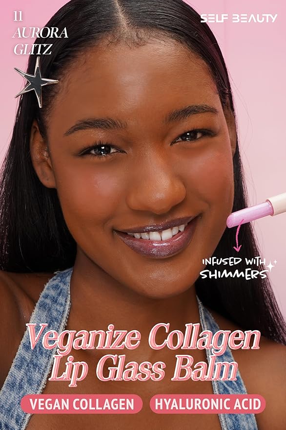 SELF BEAUTY Veganize Collagen Lip Glass Balm - Hydrating Lip w/Hyaluronic Acid - Vegan Korean Lip Balm Moisturizing Lip Care – Lip Gloss Repair for Dry Cracked Lips 0.06 oz (#11 Aurora Glitz)
