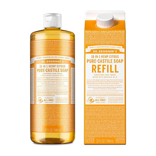 Dr. Bronner's Pure-Castile Magic Soap Liquid, Citrus, Made with Organic Oils for Body, Face, Hair, Dishes, Laundry Vegan, Natural, Non-GMO, Biodegradable, 18-in-1 Multi-Use - Citrus, 32oz + Refill