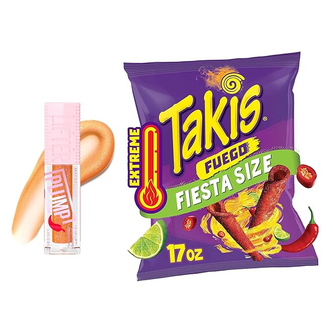 MAYBELLINE Lifter Plump Lip Gloss and Takis Chips, Chili Pepper Lip & Chip Combo, Fun Hot Bundle Includes 1 Lip Plumper in Hot Honey and 1 Bag of Takis Fuego Chips