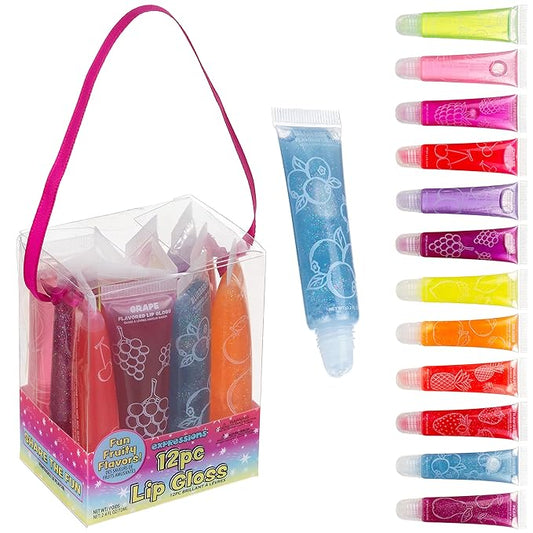 Expressions 12 pc Lip Gloss Set, Flavored Lipgloss Squeeze Tubes with Carrying Case, Lip Gloss Set Value Pack, Assorted Fruit Flavored Lip Glosses, Kid-Friendly Non Toxic Makeup (12)