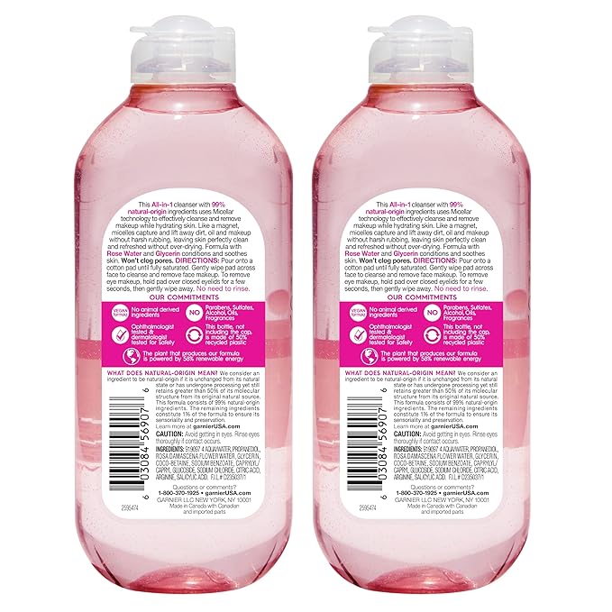 Garnier Micellar Water with Rose Water and Glycerin, Hydrating Facial Cleanser & Makeup Remover, For All Skin Types, Vegan, Cruelty Free, 13.5 Fl Oz (400mL), 2 Count