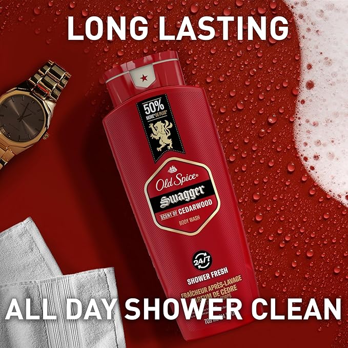 Old Spice Refreshing Body Wash for Men, 3X Defense, 24/7 Shower Fresh with Long Lasting Scent, Red Collection, Swagger with Cedarwood Scent, 24 oz (Pack of 2)