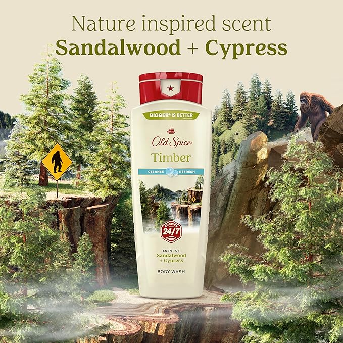 Old Spice Cleansing Body Wash for Men, 24/7 Shower Fresh with Lasting Scent, Cleanse & Refresh, Gentle on Skin, Vitamin B3, Timber with Sandalwood + Cypress Scent, 18 oz (Pack of 4)