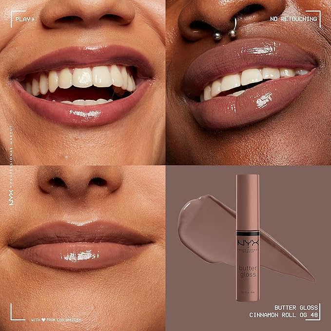 NYX PROFESSIONAL MAKEUP Butter Gloss Brown Sugar, Non-Sticky Lip Gloss - Cinnamon Roll (Grey Brown)
