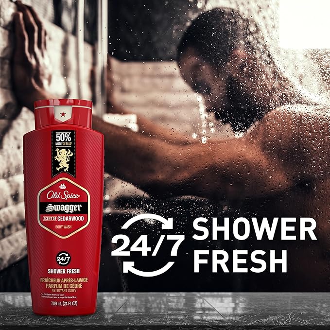 Old Spice Refreshing Body Wash for Men, 3X Defense, 24/7 Shower Fresh with Long Lasting Scent, Red Collection, Swagger with Cedarwood Scent, 24 oz (Pack of 2)